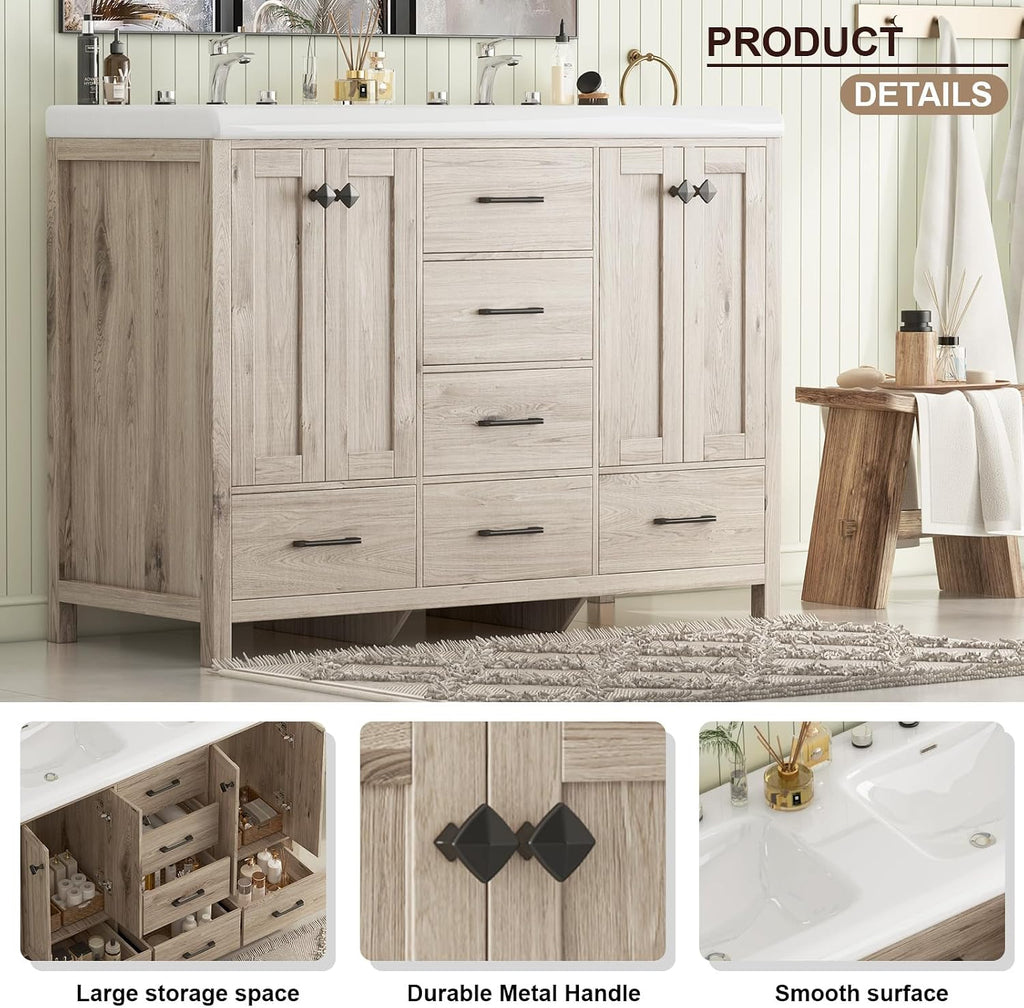 Bathroom Vanity with Sink Combo, 48' Modern Bathroom Storage Cabinet with Double Sink Ceramic, 4 Doors and 5 Drawers, Space-Saving Storage Cabinet, Light Gray Wood