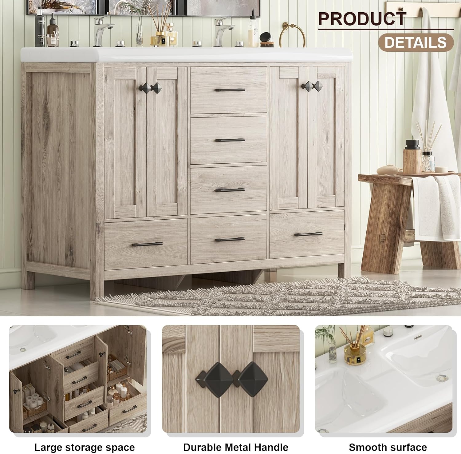 Bathroom Vanity with Sink Combo, 48' Modern Bathroom Storage Cabinet with Double Sink Ceramic, 4 Doors and 5 Drawers, Space-Saving Storage Cabinet, Light Gray Wood