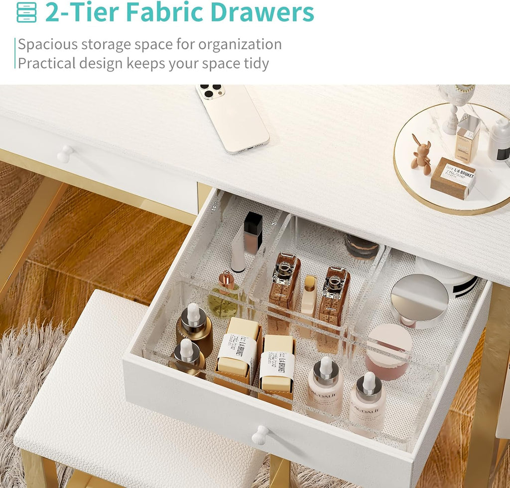 Lufeiya Small Makeup Vanity Desk with Mirror and Light, 32 inch White Vanity Desks Sets with Fabric Drawers for Girls Teen, Dressing Table and Chair Set with Power Outlet for Bedroom, White Gold