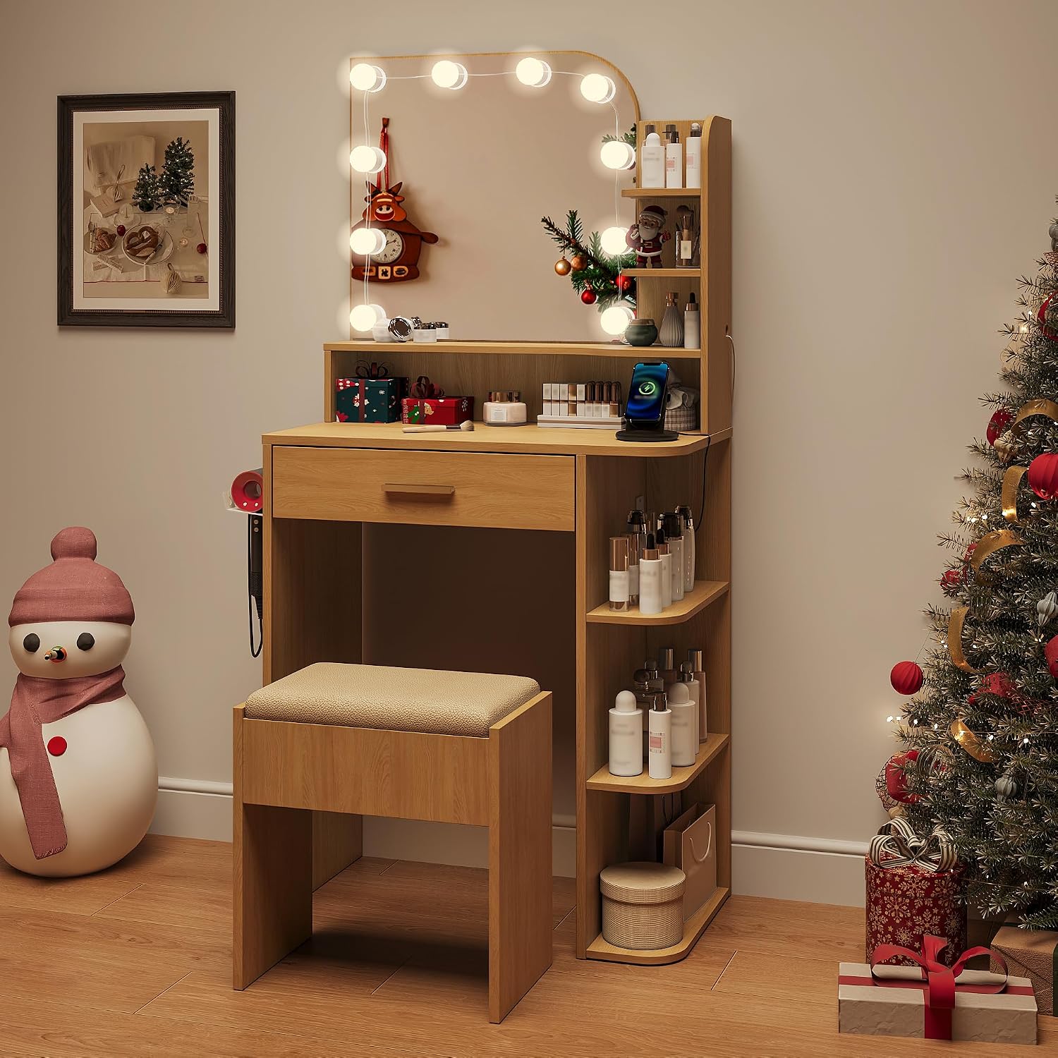 wanan Makeup Vanity with Chair, Small Vanity Desk with Mirror and Lights 3 Colors, Girls Vanity Set with Power Outlet, Compact Vanity Table for Small Space, Oak