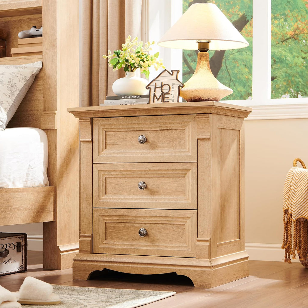 T4TREAM 24' Wide 3 Drawer Dressers, Farmhouse 26' Tall Bedside Side Table with 3 Drawers, Wooden Side Table with Roman Column, End Table for Bedroom, Living Room, Hallway, Oak