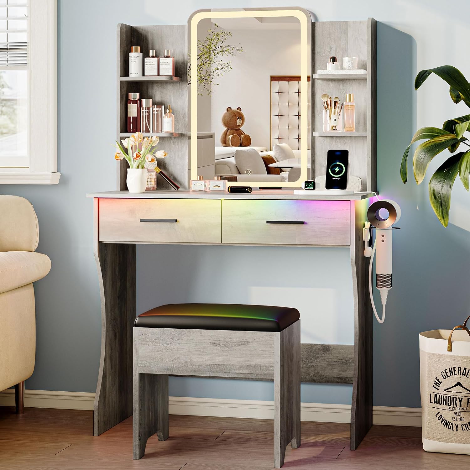Vanity Desk with LED Lights Mirror & Power Outlet, Small Makeup Vanity Table Set with Storage Drawers & Chair, 3 Lighting Modes & Adjustable Brightness, Dressing Table for Women Girls Bedroom, Grey