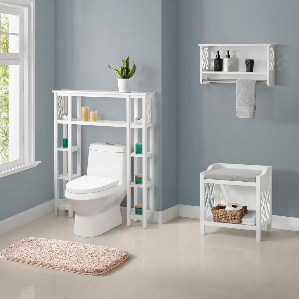 Alaterre Furniture Coventry Bench Stool with Cushion - Pine Wood Bench for Entryway or Bathroom Storage - Use as Shoe Rack, Vanity Chair and More (White)