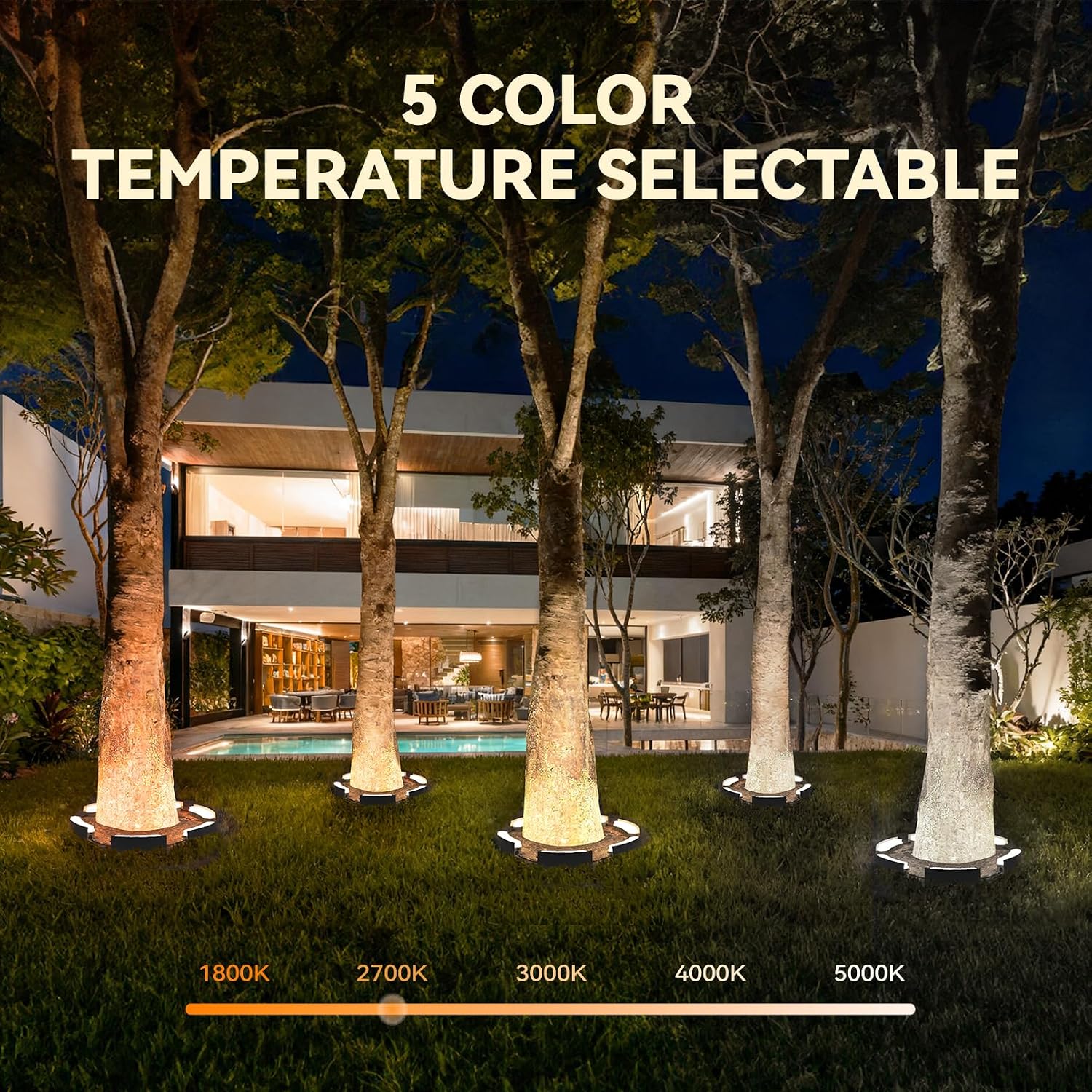 LEONLITE Update 5CCT Low Voltage Landscape Tree Ring Lights, AC/DC 12-24V, 750LM 11W/PCS Aluminum IP65 Landscape Spotlights for Big Tree&Palm Tree, 1800K/2700K/3000K/4000K/5000K, Pack of 6