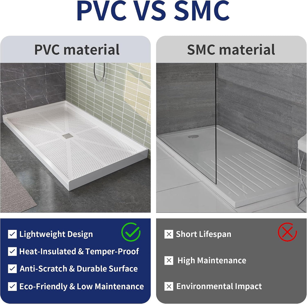 60'×32' Shower Base with Central Drain - Heavy-Duty Solid Surface Construction, 3' Barrier-Free Threshold & Slip-Resistant Textured Floor