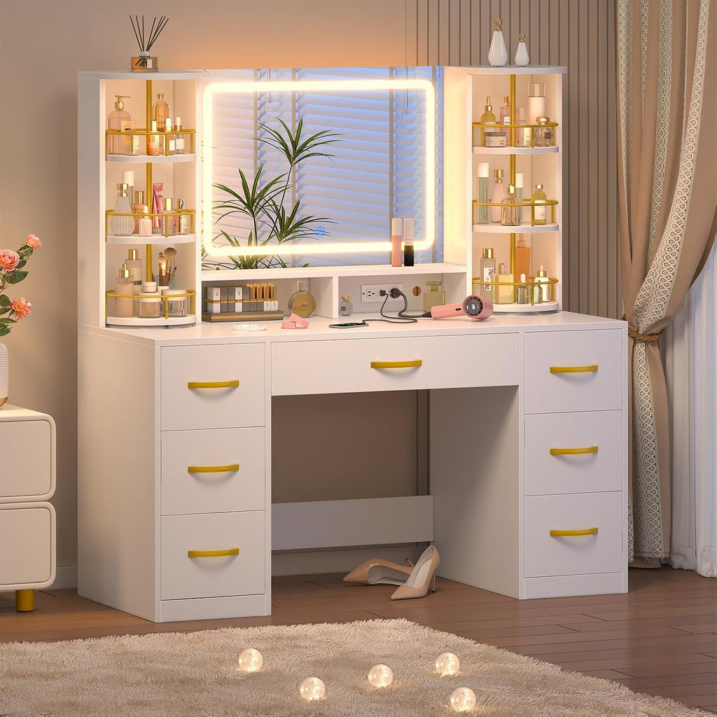 Vanity Desk with Mirror and Lights, White Makeup Vanity Table with 360° Rotating Shelves, Large Vanity Desk with 7 Drawers, Power Outlet, Dressing Table Set with Lighted Mirror Adjustable, for Bedroom