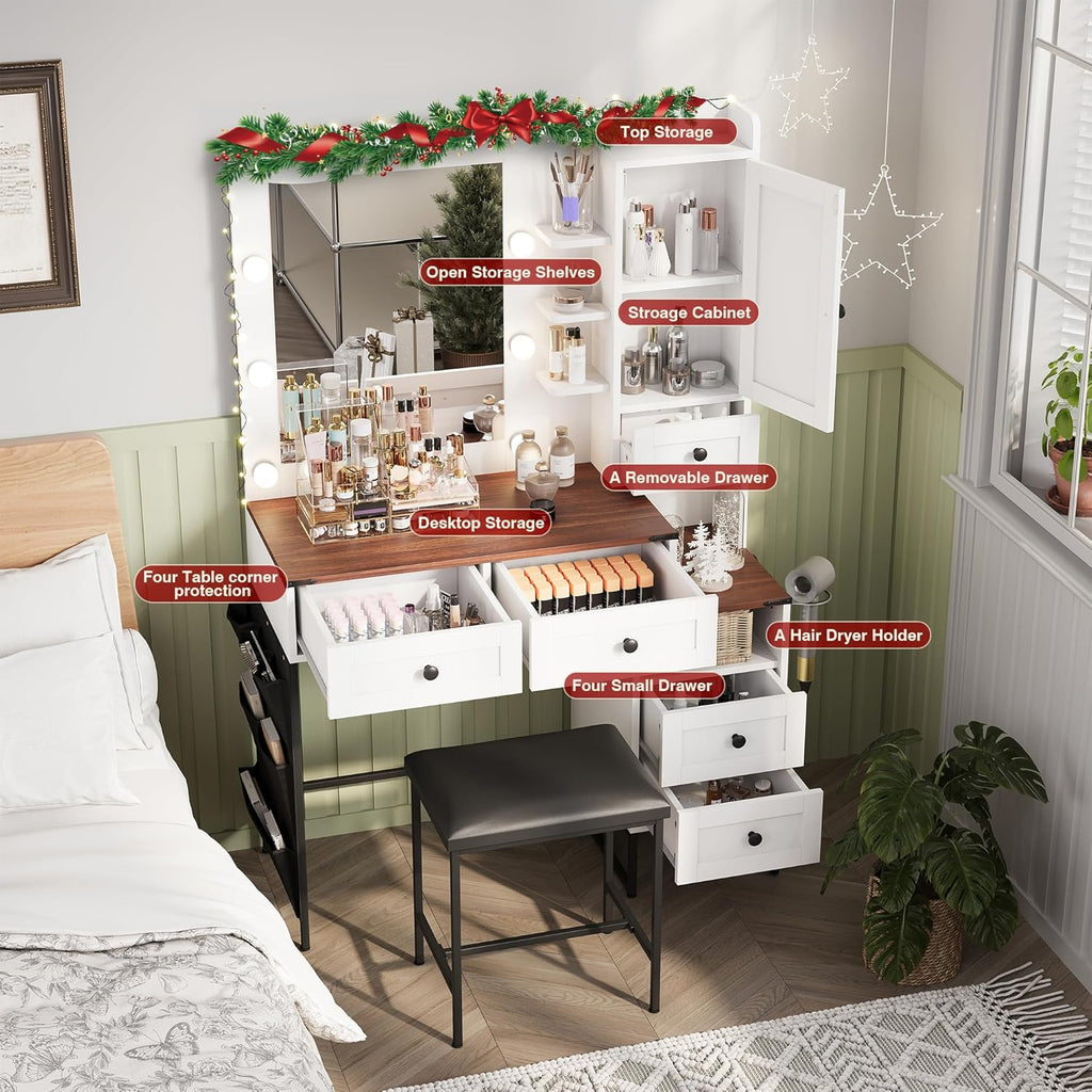 YIKEHOME 41' W Vanity Desk with Mirror, Makeup Vanity Set with Power Outlet and Comfortable Bench, Farmhouse Vanity for Bedroom Brown (006 Brown)