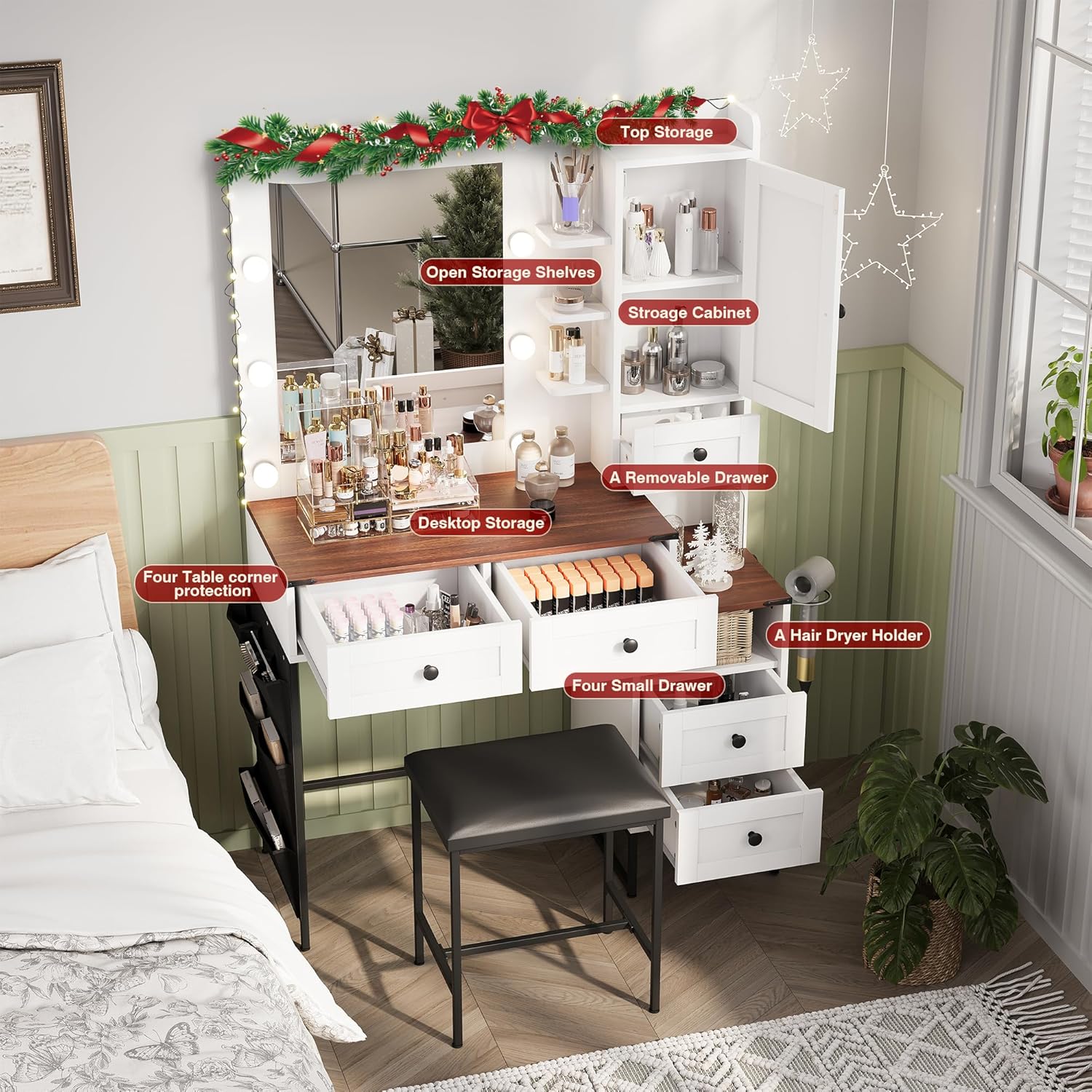 YIKEHOME 41' W Vanity Desk with Mirror, Makeup Vanity Set with Power Outlet and Comfortable Bench, Farmhouse Vanity for Bedroom Brown (006 Brown)