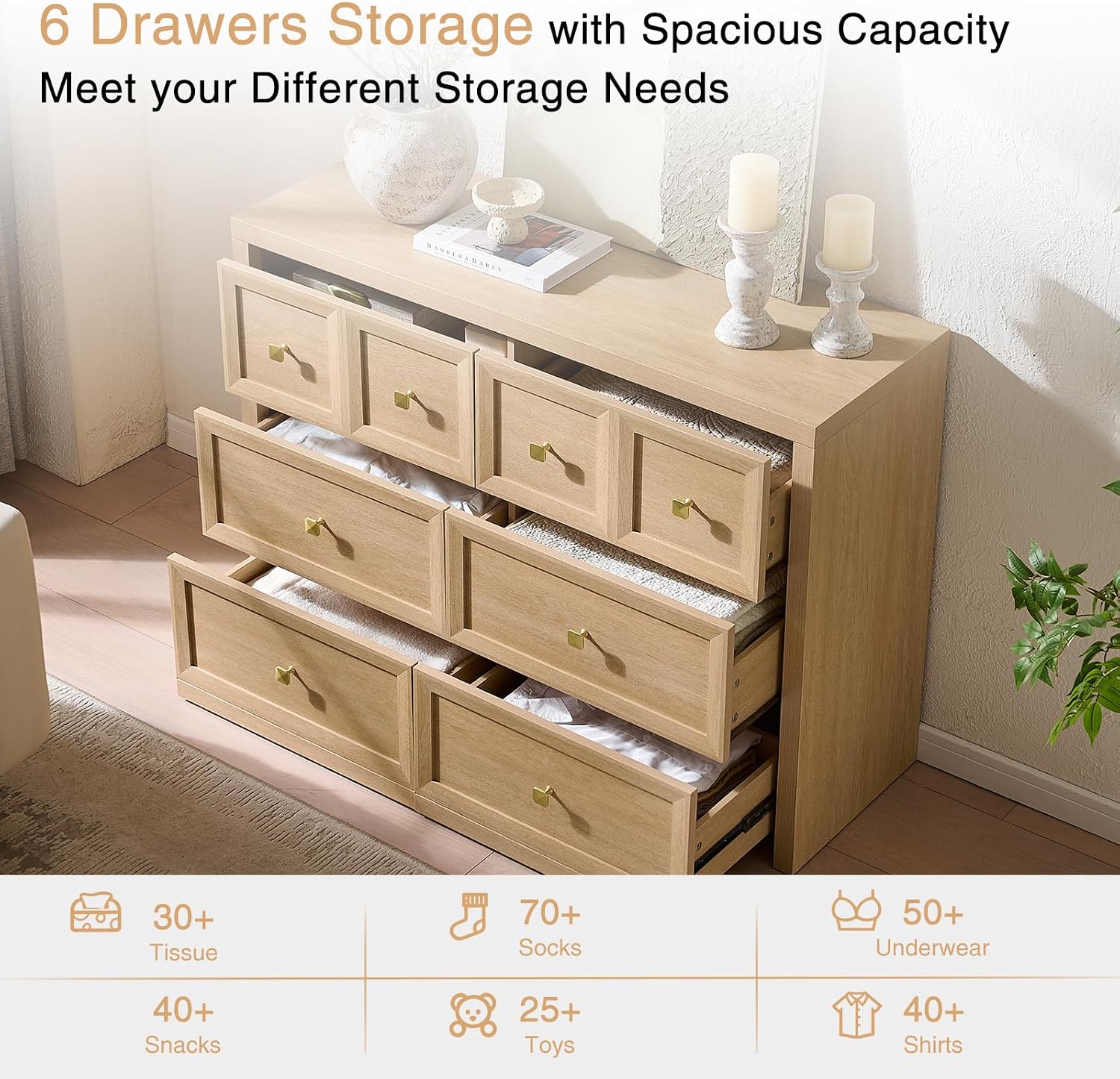 3-Piece Bedroom Set, 6 Drawer Dresser and 3 Drawer King Size Nightstands Set of 2 with Charging Station, 3 Piece Farmhouse Wood Bedroom Dresser and Nightstand Sets,Natural