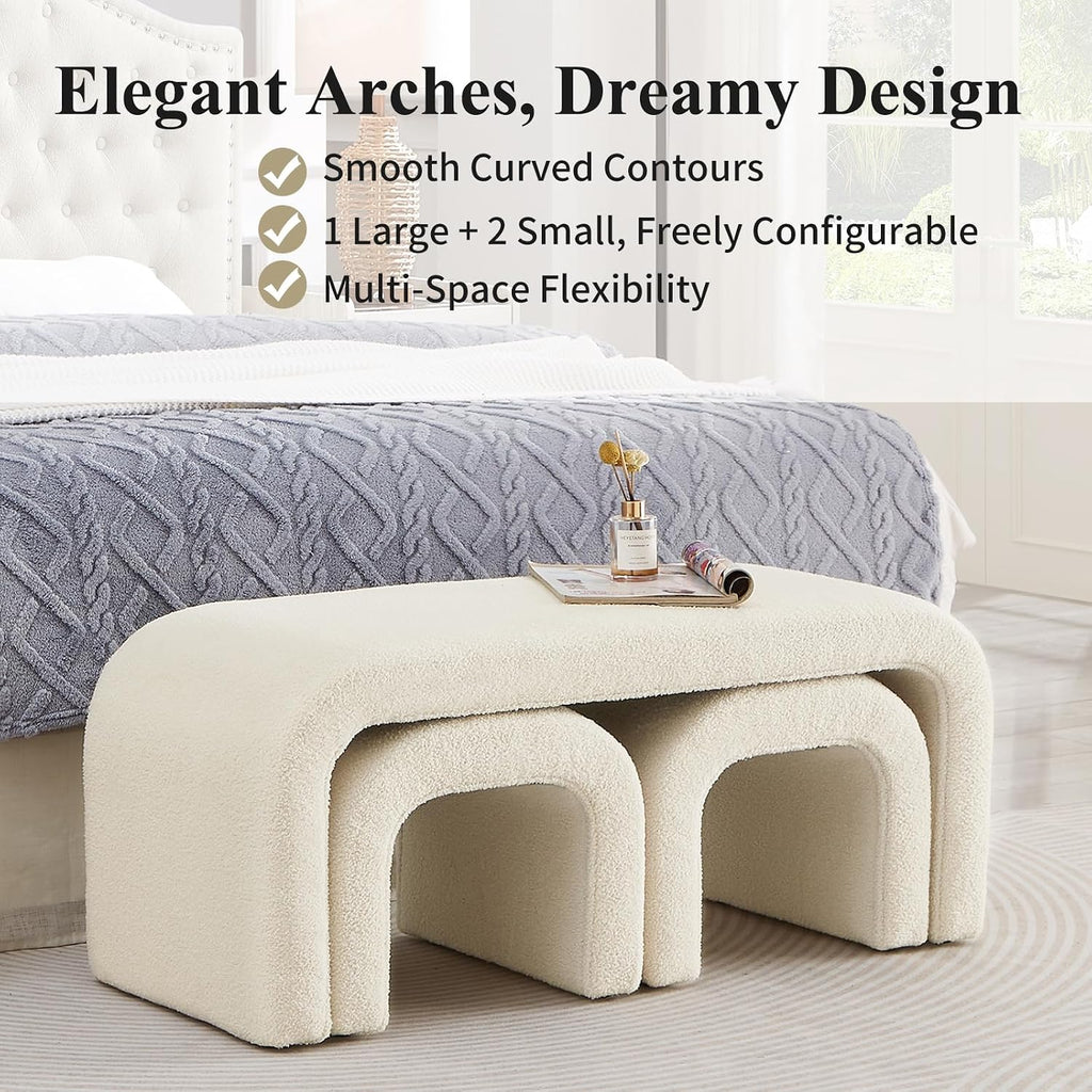 3-Piece Modern Ottoman Bench Set, 44' Wide Teddy Upholstered End of Bed Bench with 2 Foot Stools, Padded U-Shaped Entry Bench Vanity Stool for Living Room Bedroom (Cream)