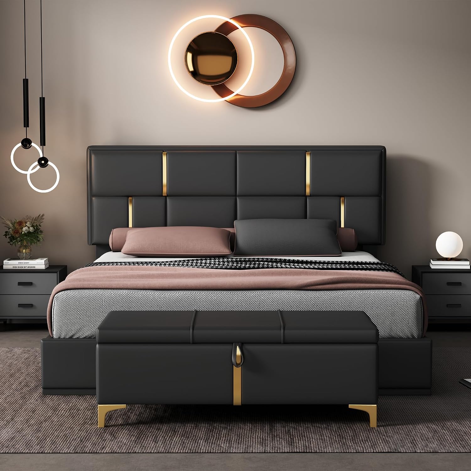 Queen Size Hydraulic Lift Up Storage Bed Frame with Storage Bench, PU Upholstered Platform Beds with Headboard, Two Piece Bedroom Sets, Wooden Slats Support, No Box Spring Needed (Black)