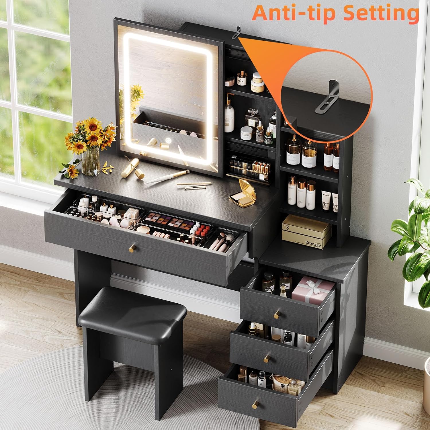 Memobarco Vanity Desk with Mirror and Lights, Makeup Vanity with 3 Adjustable Lighting Modes, Small Vanity Desk with Sliding Mirror, 4 Drawers, 7 Shelves, Vanity Chair for Bedroom, Black