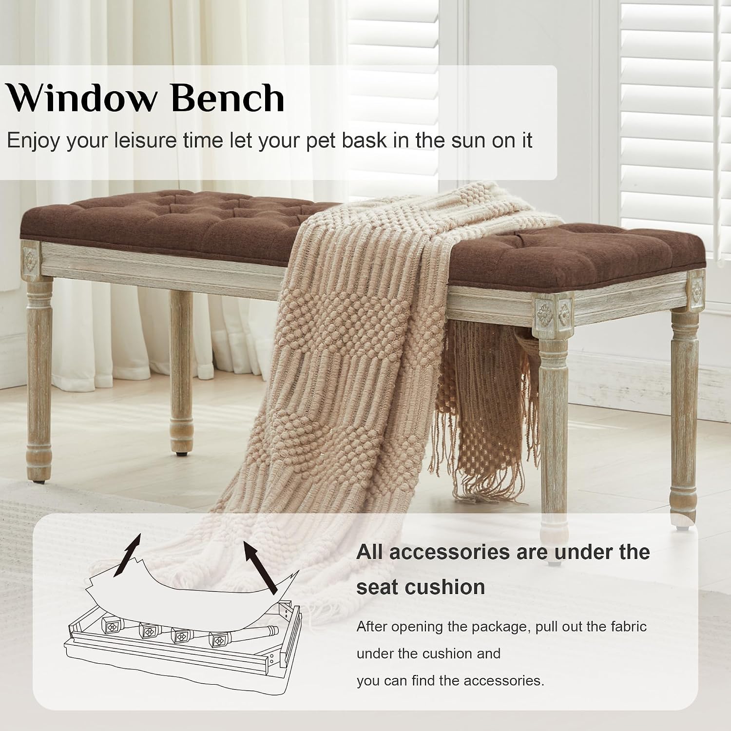 LOULENS 57.7' Linen Fabric End of Bed Bench, French Upholstered Button Tufted Bench for Bedroom End of Bed King Size, Window Seat with Carved Wood Legs for Bedroom, Living Room, Entryway, Brown