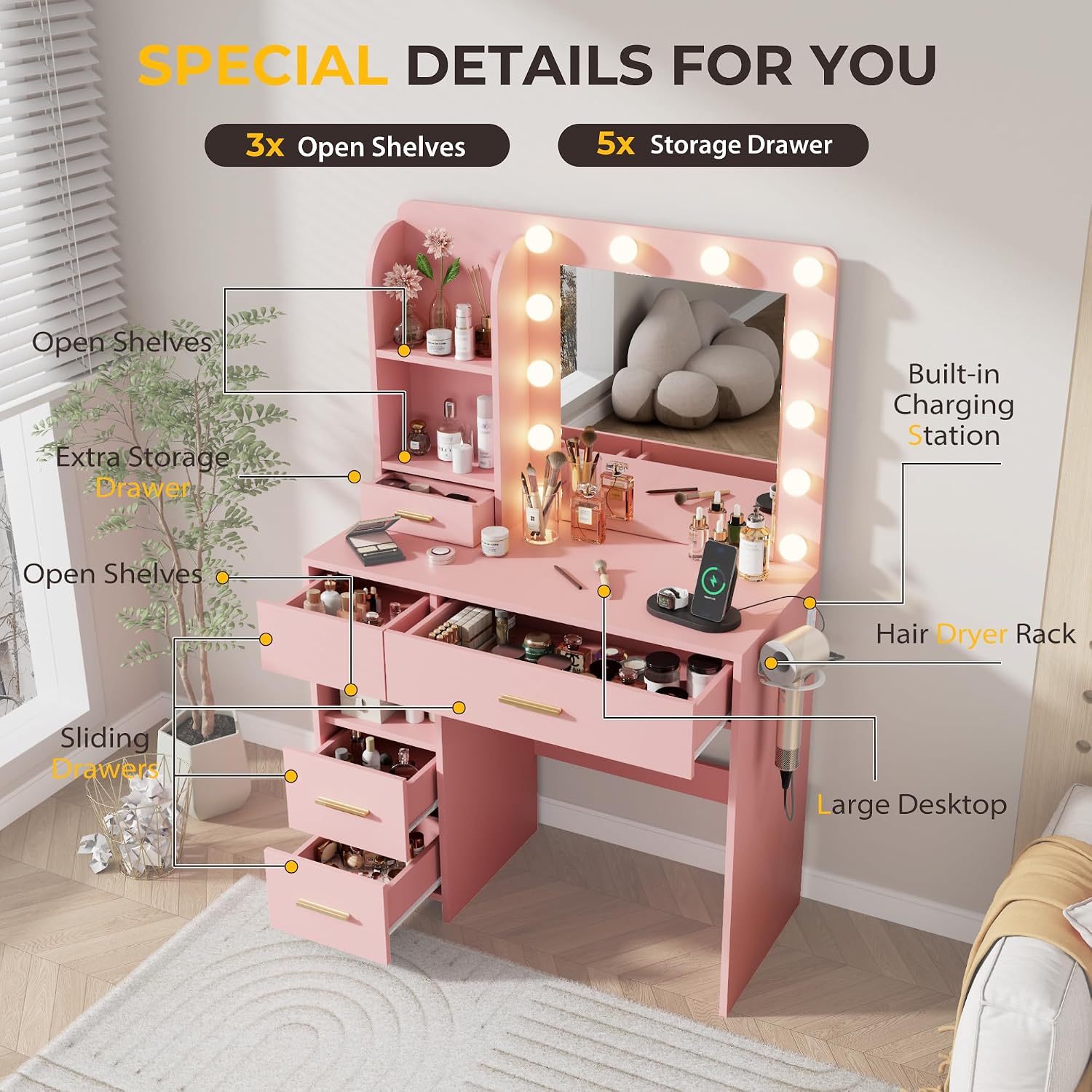 Otterease Vanity Desk with LED Lighted Mirror&Power Outlet, 3 Lighting Colors Makeup Vanity with 5 Large Drawers and 3 Storage Shelves, Vanity with Storage Stool for Bedroom, Pink