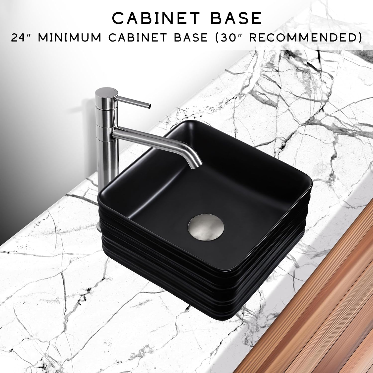 Strictly Sinks 16 Inch Square Black Vessel Sink - Modern Ceramic Countertop Bathroom Sink – Easy to Install Above Counter Luxurious Bathroom Vessel Sink (15-3/4″ W x 15-3/4″ L x 5-5/8″ H)