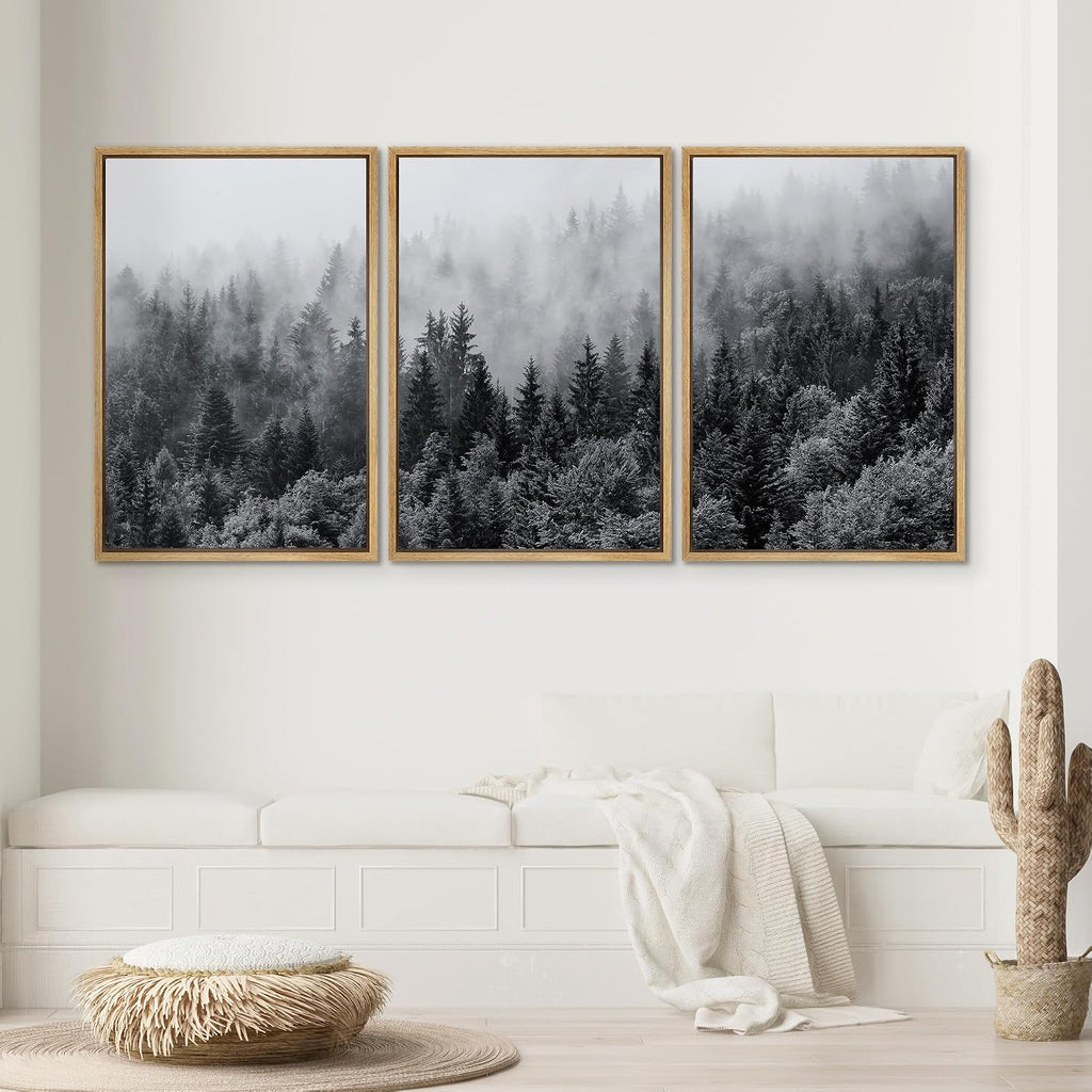 SIGNWIN Framed Canvas Print Wall Art Set Black & White Misty Mountain Forest Nature Wilderness Photography Modern Art Chic Landscape Relax/Calm for Living Room, Bedroom, Office - 16'x24'x3 Natural