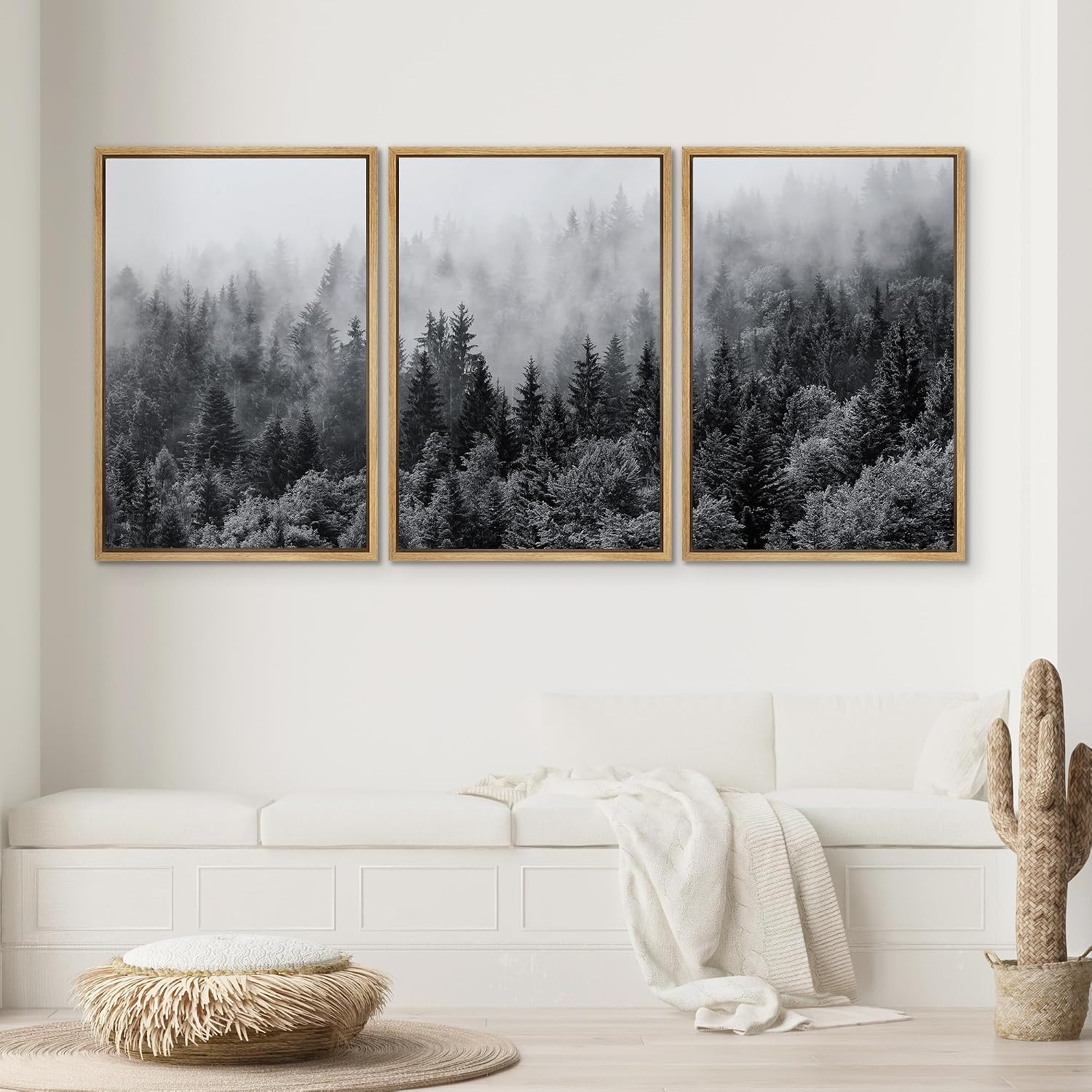 SIGNWIN Framed Canvas Print Wall Art Set Black & White Misty Mountain Forest Nature Wilderness Photography Modern Art Chic Landscape Relax/Calm for Living Room, Bedroom, Office - 16'x24'x3 Natural