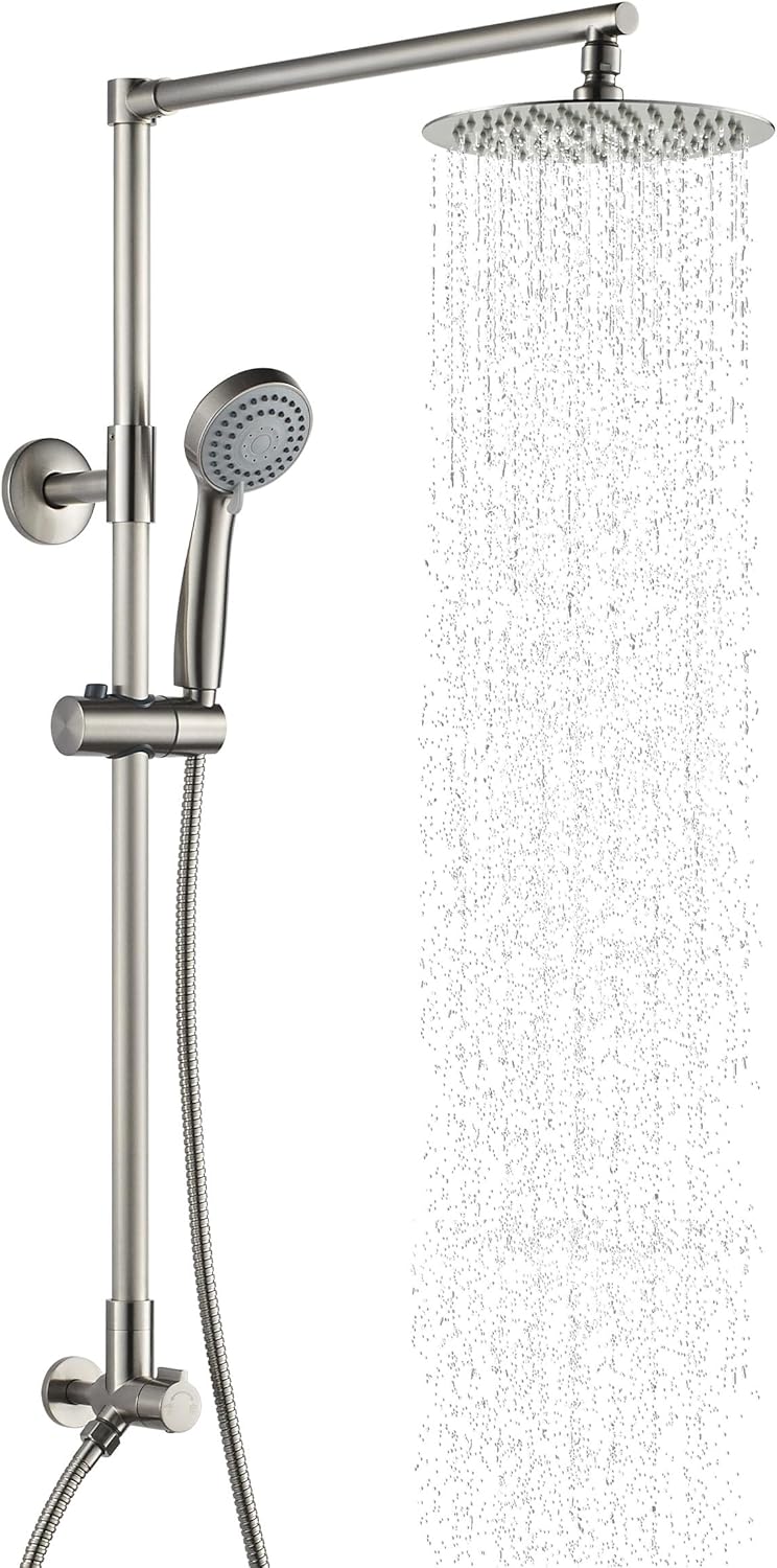 Fennocasa Polaris 3 Rain Shower System, 8' Rainfall Shower Head and Handheld Shower Combo, includes 3-Setting Handheld Spray, Height Adjustable Shower Wand Holder, 60' Hose (1.8 GPM Brushed Nickel)
