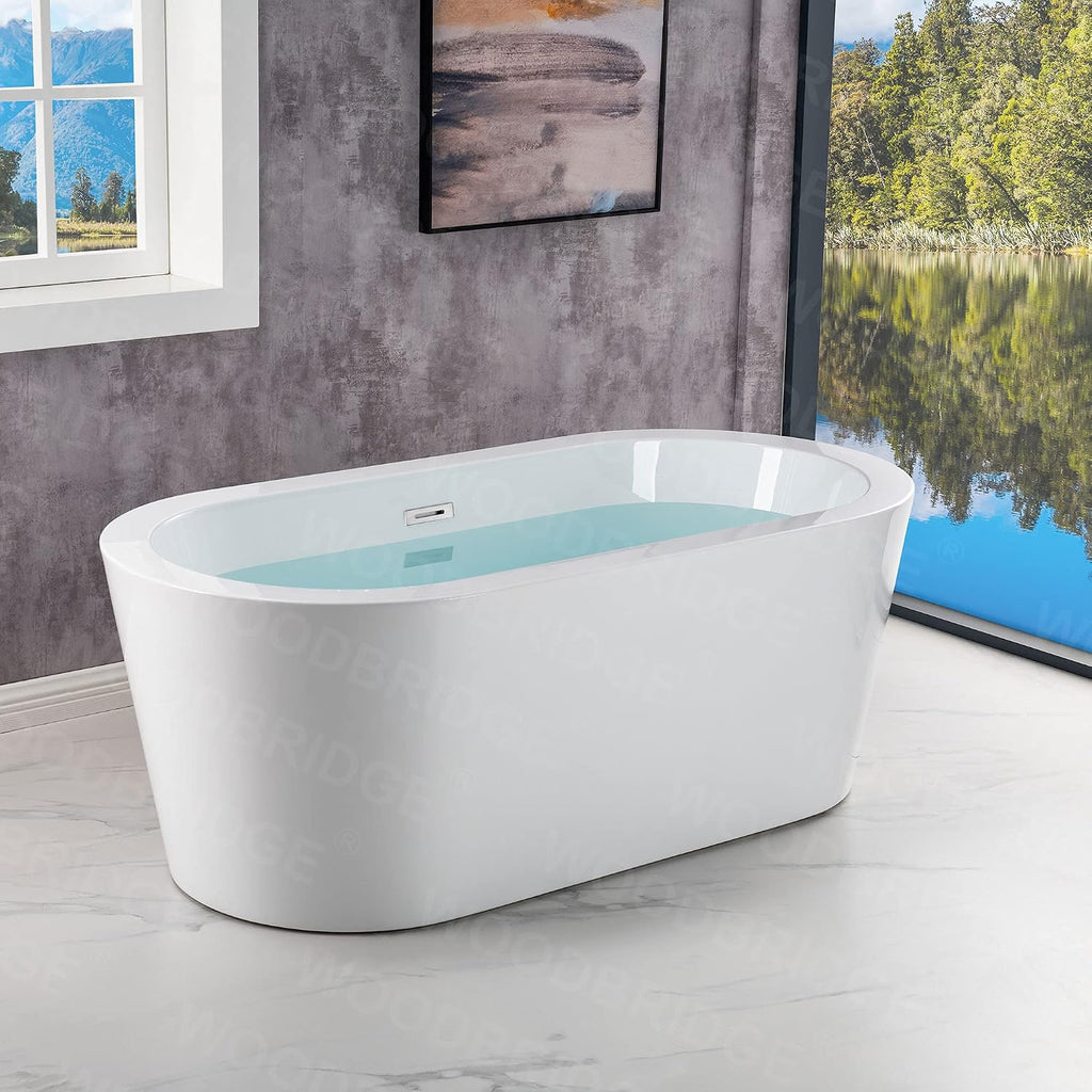 WOODBRIDGE 59' Acrylic Freestanding Bathtub Contemporary Soaking Tub, White Acrylic (Chrome Drain/Overflow),B0012 C-Drain &O