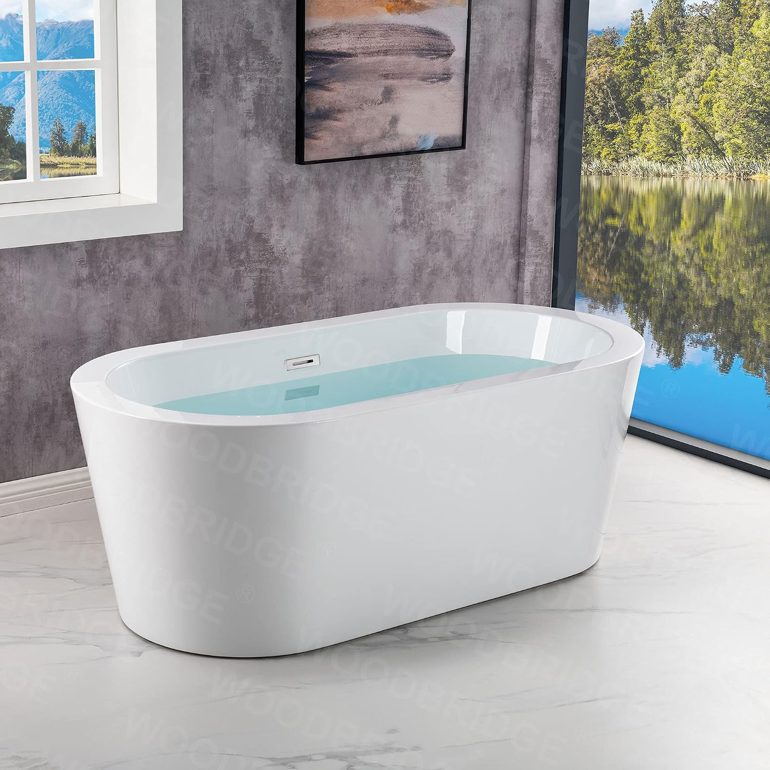 WOODBRIDGE 59' Acrylic Freestanding Bathtub Contemporary Soaking Tub, White Acrylic (Chrome Drain/Overflow),B0012 C-Drain &O