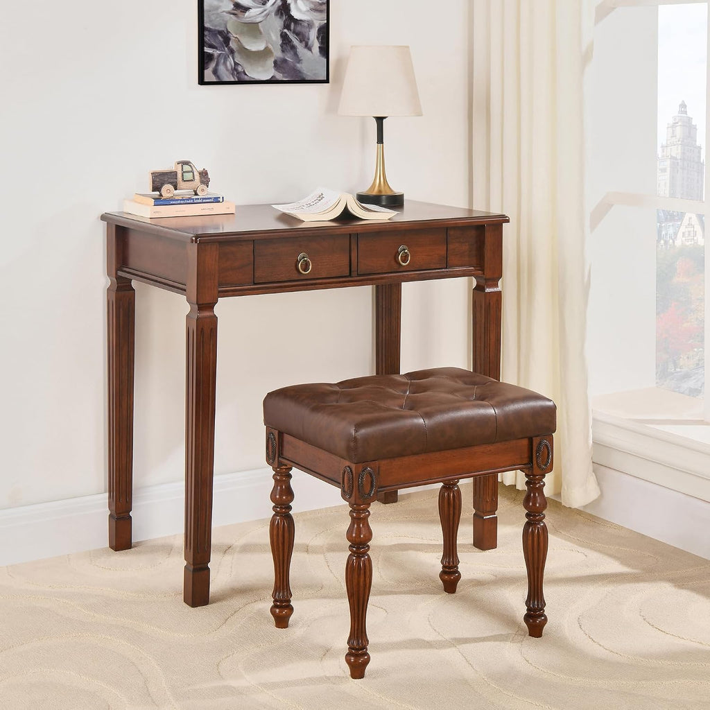 Solid Wood Vanity Bench Stool with Upholstered, Mid-Century Piano Bench with Carved Legs, Makeup Dressing Stools with Button Seat, No-Tools Assembly,18.5'L x 14.2'W x 19.1'H Brown FD-1533-BN