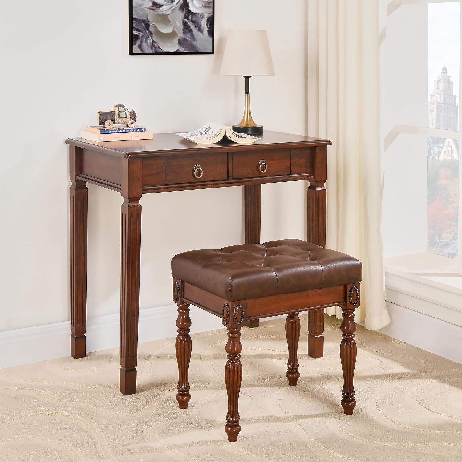 Solid Wood Vanity Bench Stool with Upholstered, Mid-Century Piano Bench with Carved Legs, Makeup Dressing Stools with Button Seat, No-Tools Assembly,18.5'L x 14.2'W x 19.1'H Brown FD-1533-BN