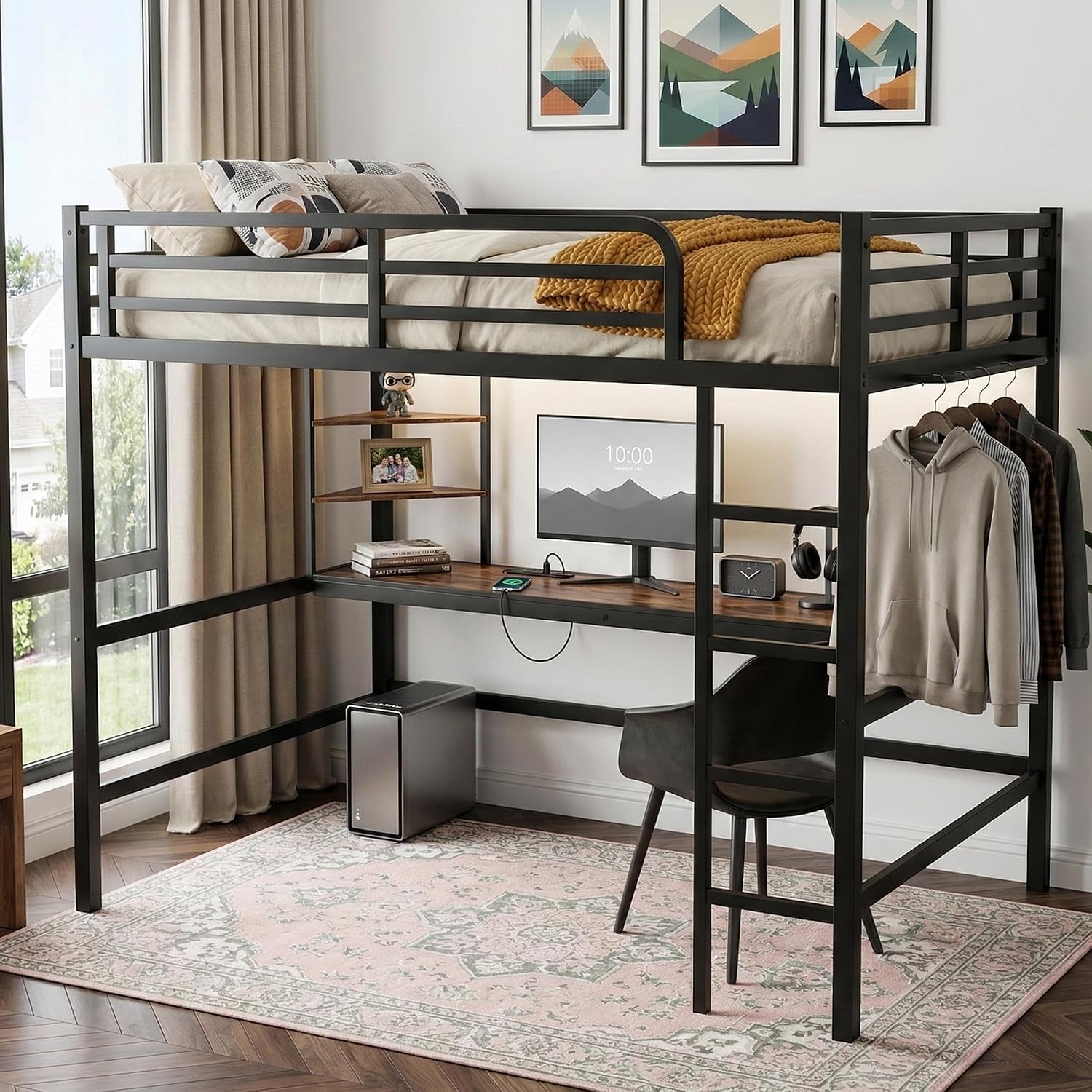 Queen Size Metal Loft Bed with Desk, LED Lights & USB Charging Station, Sturdy Noise-Free High Loft Bed Frame with Safety Guardrails, Space-Saving Loft Bedframe for Adults, Kids, Teens, Black (Queen)