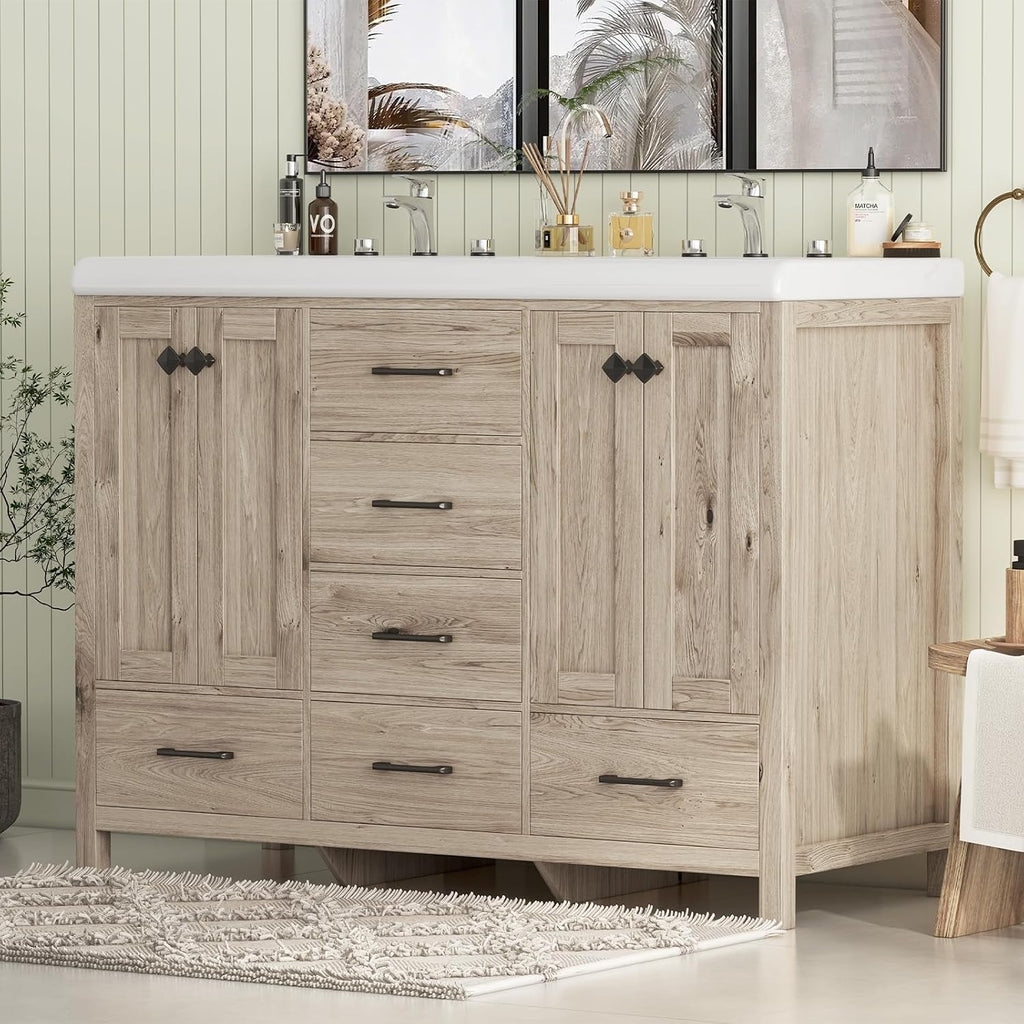 Bathroom Vanity with Sink Combo, 48' Modern Bathroom Storage Cabinet with Double Sink Ceramic, 4 Doors and 5 Drawers, Space-Saving Storage Cabinet, Light Gray Wood