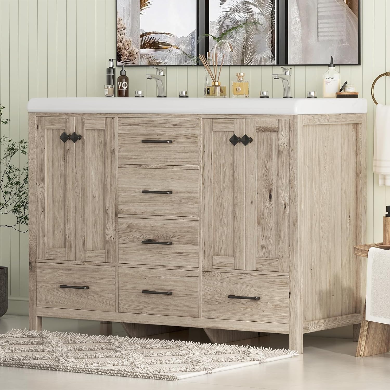 Bathroom Vanity with Sink Combo, 48' Modern Bathroom Storage Cabinet with Double Sink Ceramic, 4 Doors and 5 Drawers, Space-Saving Storage Cabinet, Light Gray Wood