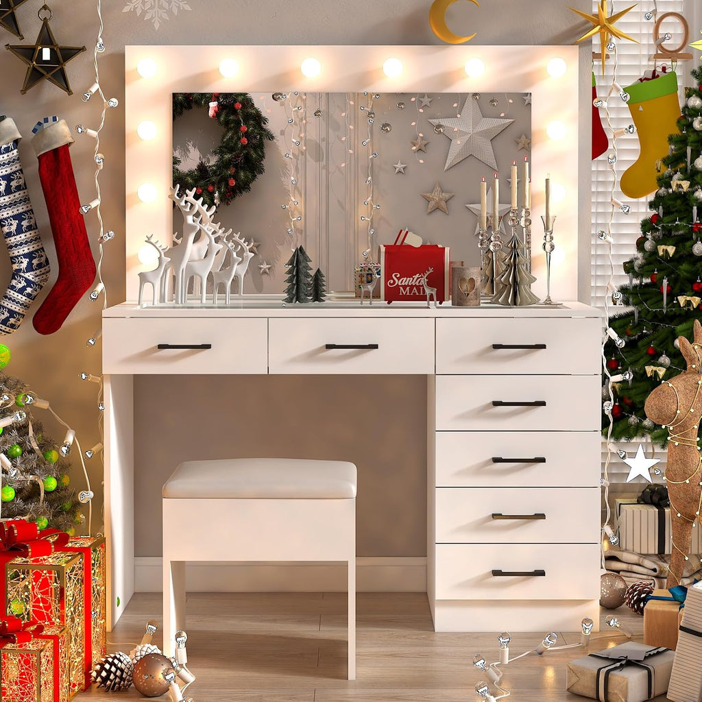 VINGLI Makeup Table with Large Mirror and 12 LED Light Bulbs, Vanity Desk Set with Padded Stool & 7 Drawers, Dressing Table with Glass Top & Charging Station for Dressing Room Bedroom, White