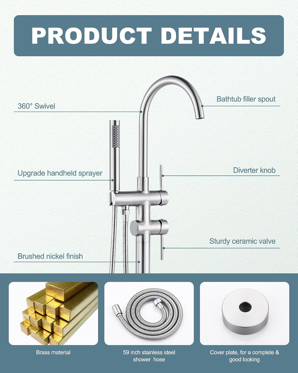 Freestanding Bathtub Faucet Brushed Nickel, Floor Mount Tub Filler, High Flow Brass Shower Faucets with Handheld Sprayer for Bath