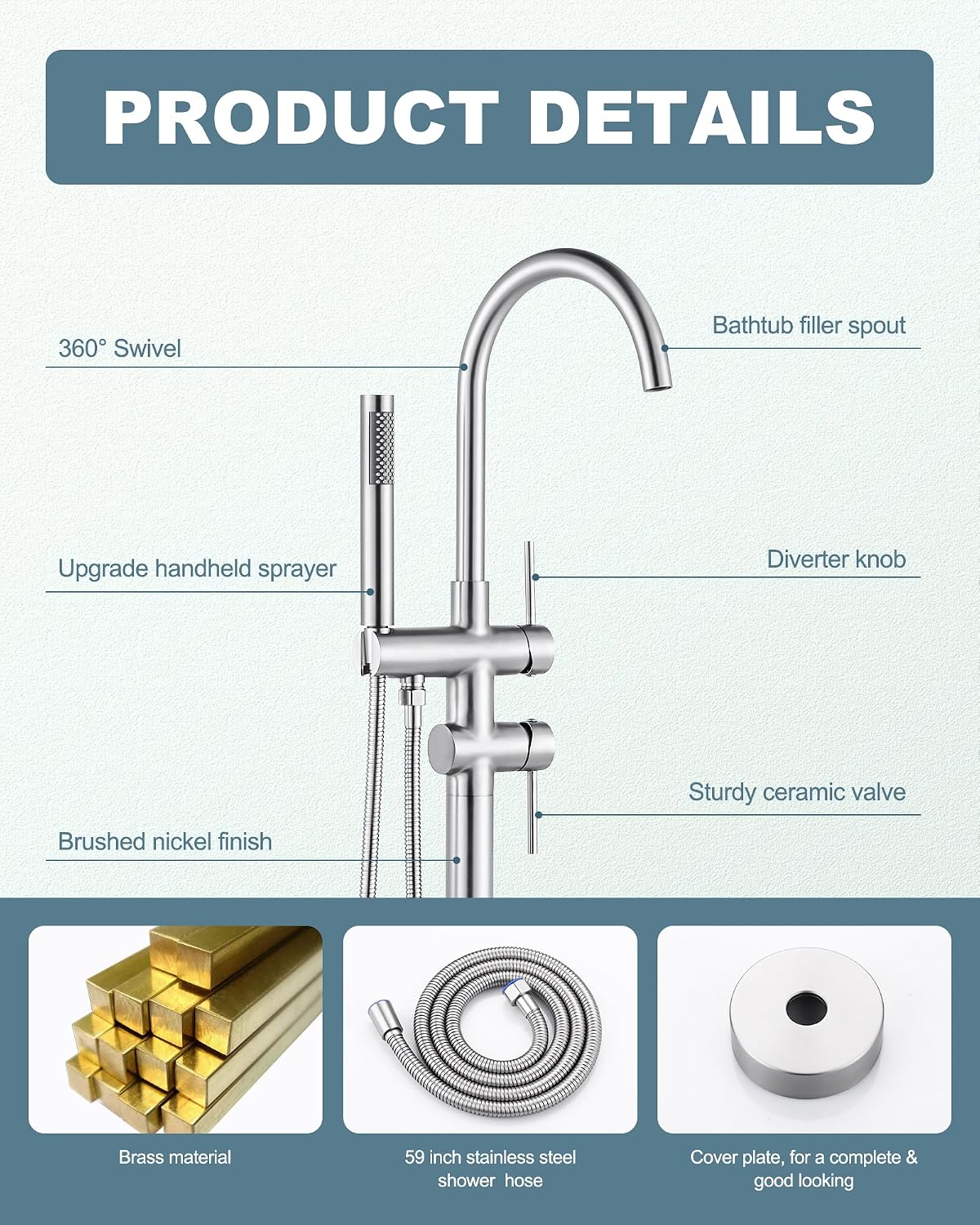 Freestanding Bathtub Faucet Brushed Nickel, Floor Mount Tub Filler, High Flow Brass Shower Faucets with Handheld Sprayer for Bath