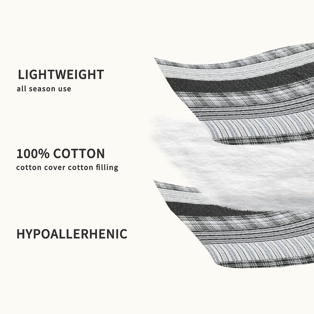 Homzard King Size Comforter - 100% Cotton, Black White Striped King Quilt Bedding Set,Black Grey Plaid Striped Bedding King,Farmhouse Lightweight Comforter for Bed,All Season