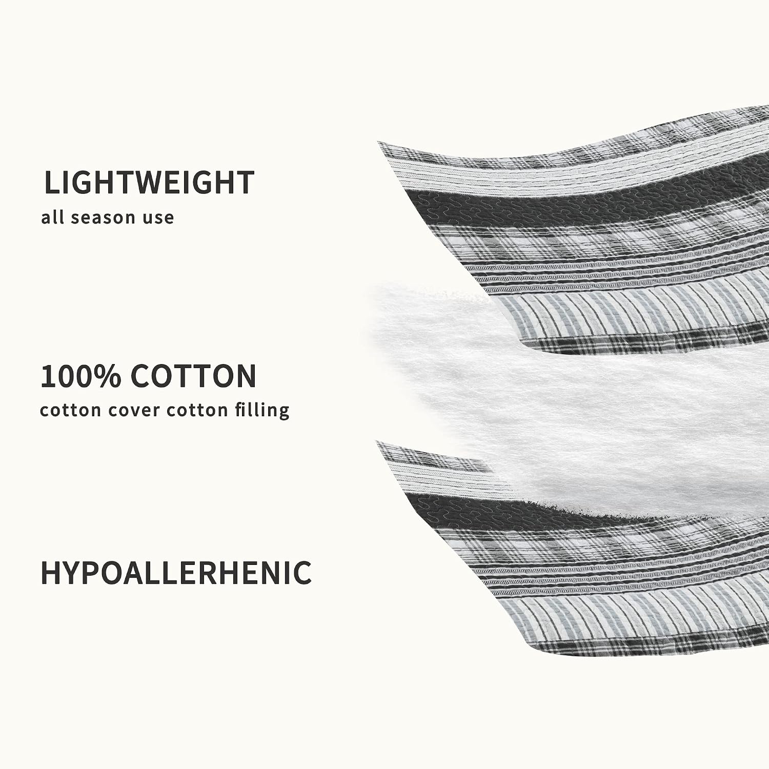 Homzard King Size Comforter - 100% Cotton, Black White Striped King Quilt Bedding Set,Black Grey Plaid Striped Bedding King,Farmhouse Lightweight Comforter for Bed,All Season