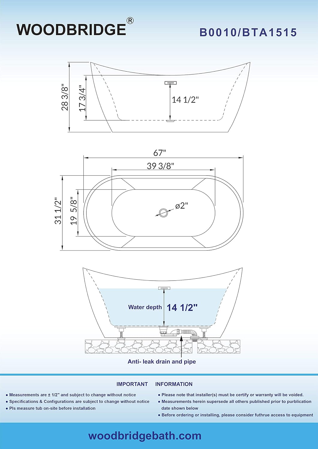 WOODBRIDGE 67' Acrylic Freestanding Bathtub Contemporary Soaking White Tub with Chrome Overflow and Drain,B0010-C