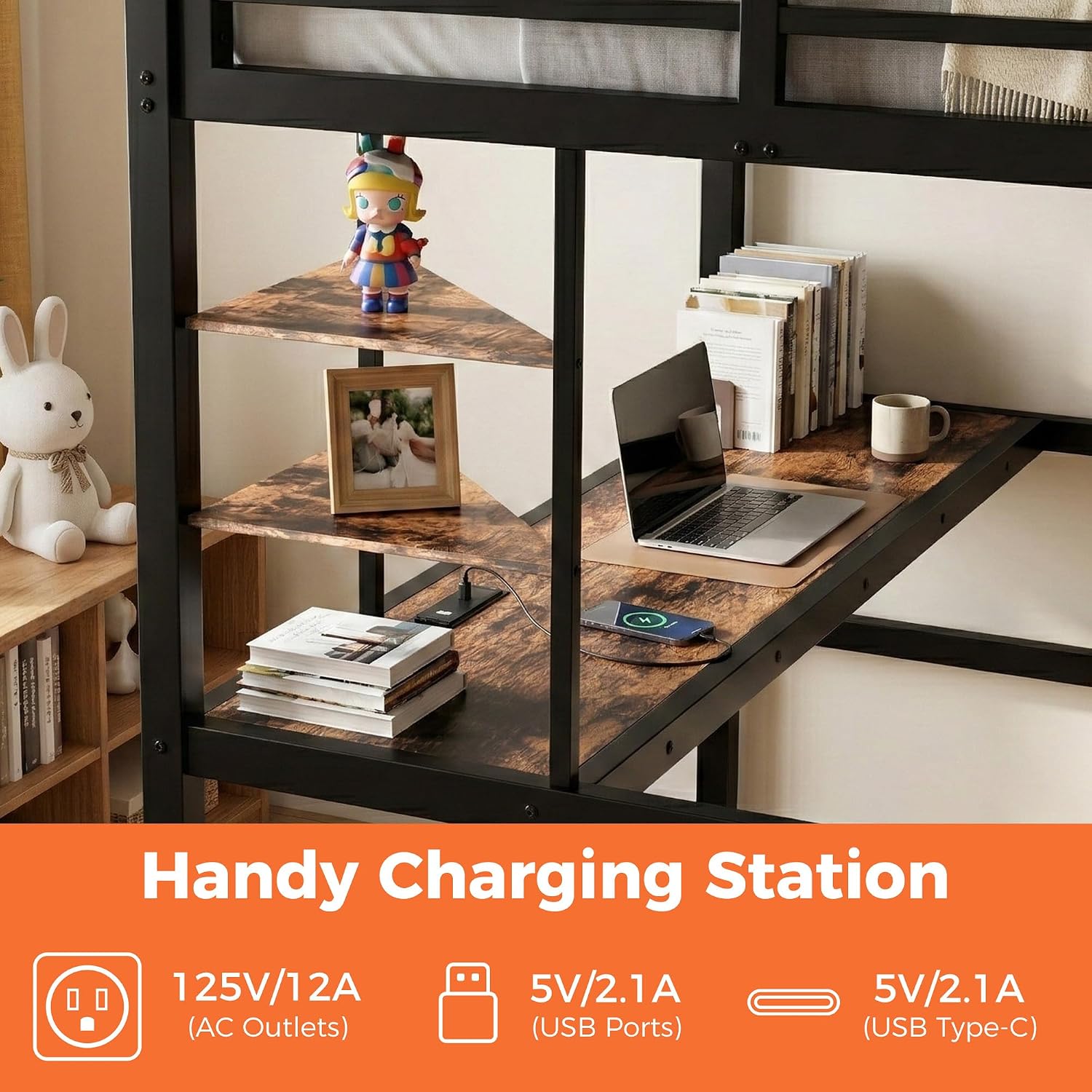 Twin Size Metal Loft Bed with Desk, LED Lights & USB Charging Station, Sturdy Noise-Free High Loft Bed Frame with Safety Guardrails, Space-Saving Loft Bedframe for Kids, Teens, Black