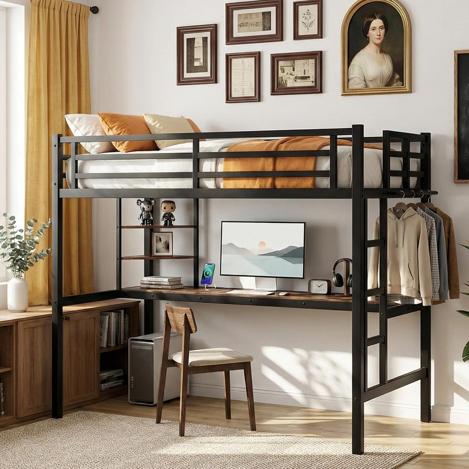 Twin Size Metal Loft Bed with Desk, LED Lights & USB Charging Station, Sturdy Noise-Free High Loft Bed Frame with Safety Guardrails, Space-Saving Loft Bedframe for Kids, Teens, Black