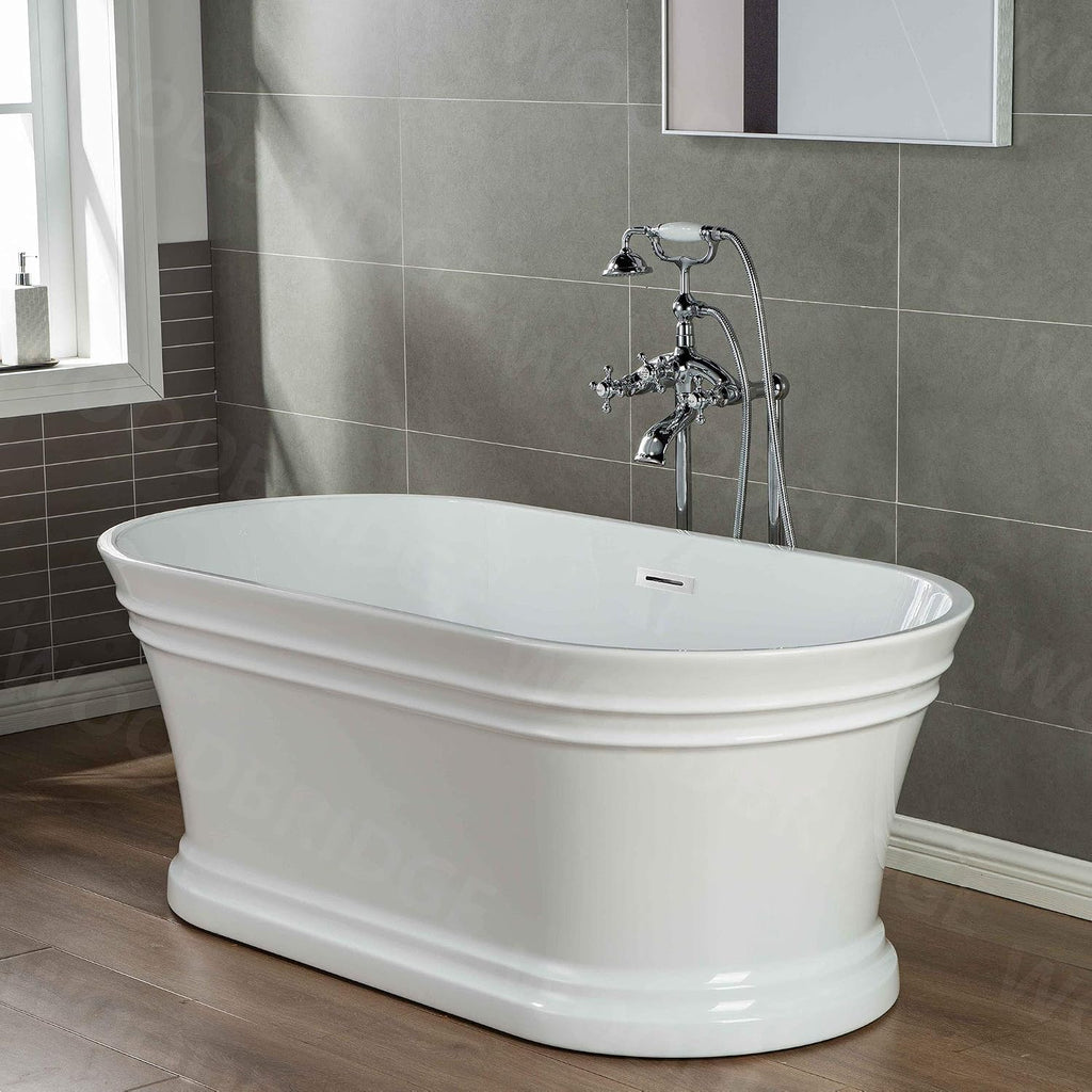 WOODBRIDGE 59'Freestanding White Acylic Soaking Bathtub with White Pillow,Drain and Overflow inChrome,BTA1536 -C-Drain &O+ Pillow