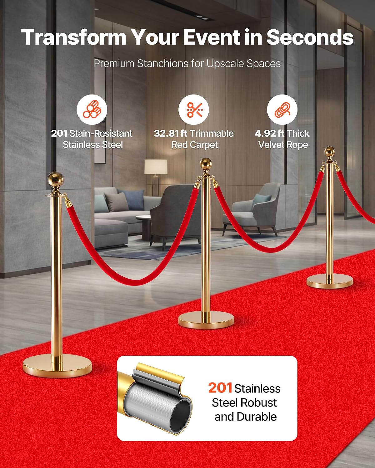 VEVOR Stanchions and Velvet Ropes 8Pcs, Hollow Base with Stainless Steel Post & 32.81ft Carpet, 6 Red Velvet Ropes, Crowd Control Barriers Gold Stanchions, Red Carpet Runner Poles for Party Supplies