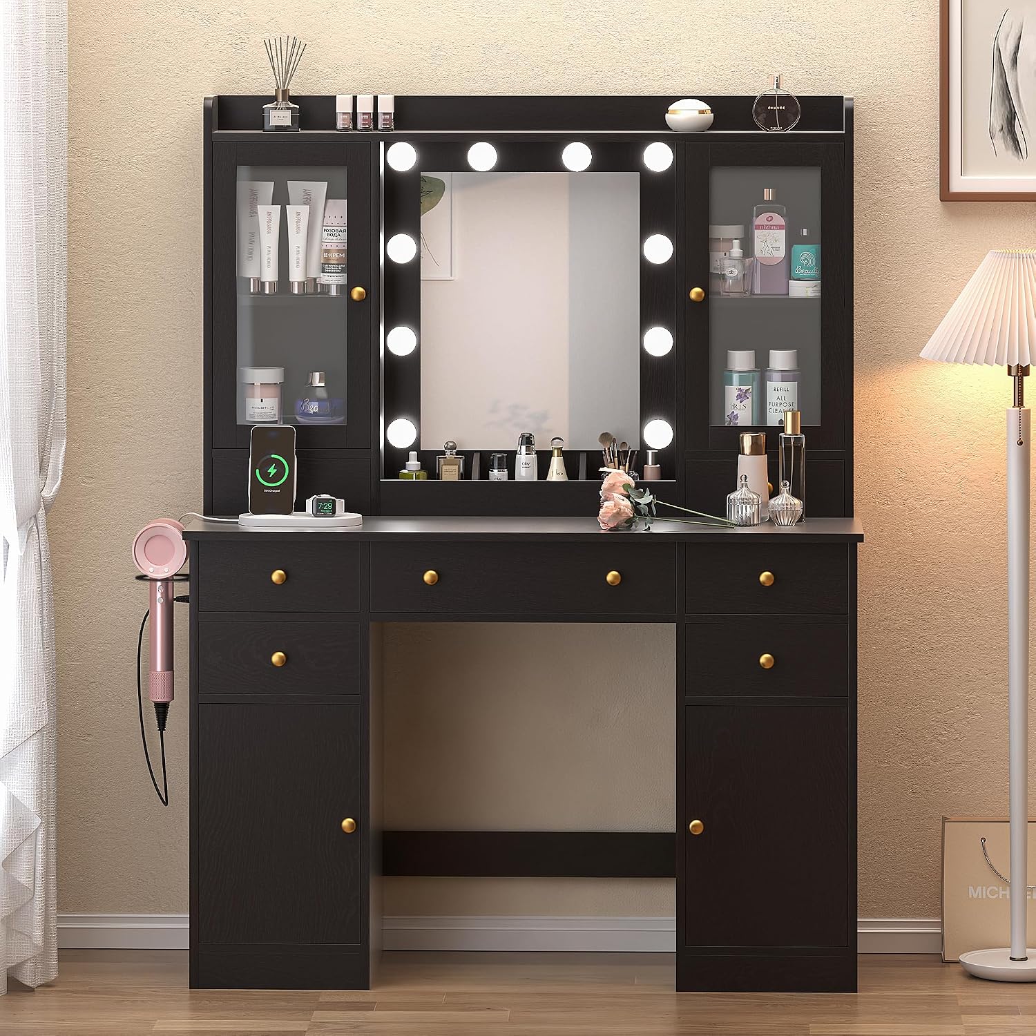Wodeer Vanity Desk with Mirror and Lights, 43' Black Makeup Vanity Set with 5 Drawers & Glass Cabinets, Power Outlet, Adjustable LED Lights & Makeup Tray, Dressing Table for Women & Girls Bedroom