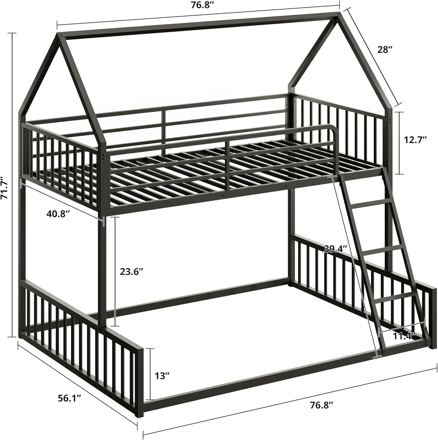 LIKIMIO Bunk Bed Twin Over Full Size, House Bunk Bed Frame with Ladder and Guardrail, House Shaped with Metal Slats Support No Box Spring Needed Space Saving for Bedroom and Dorm, Black