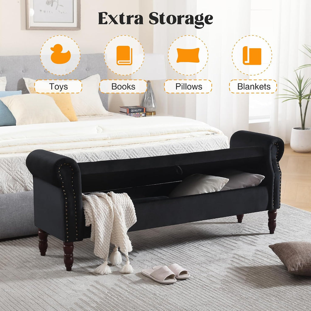 Storage Bench for Bedroom King Size, 67' End of Bed Storage Bench, Upholstered Tufted Storage Ottoman Benches, Velvet Bench with Storage and Arms for Bedroom, Living Room, Entryway, Black