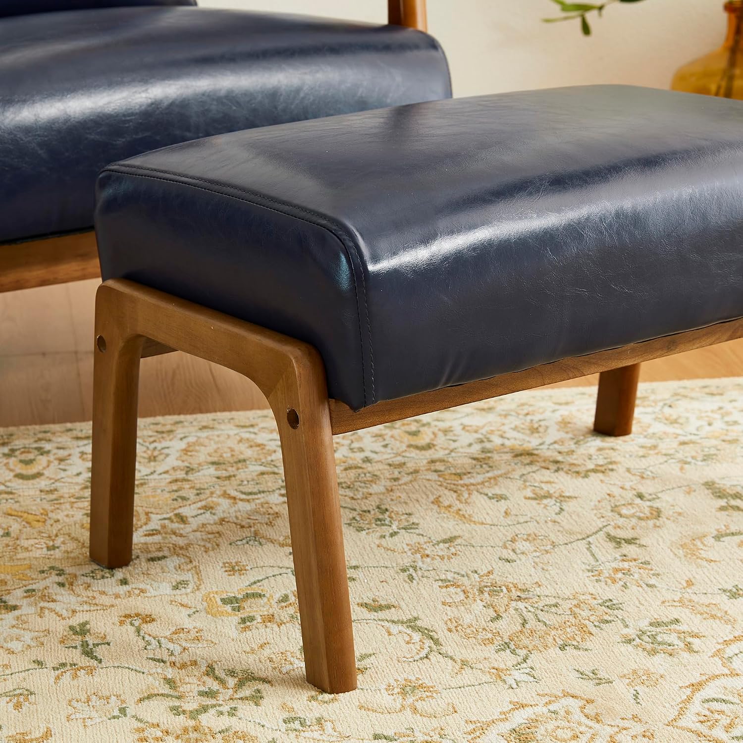 Glitzhome Foot Stool, Leatherette Wooden Step Stool, Modern Rectangle Ottoman Wide Vanity Stool with Cushion for Couch Living Room Bedroom Entryway, Navy Blue