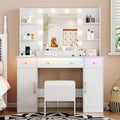 Xixini Vanity Desk with Mirror and Lights, 43'' White Makeup Dressing Table Set with 5 Drawers & Chair, Power Outlet, 3 Lighting Modes Adjustable Brightness & RGB LED for Women Girls Bedroom Bathroom