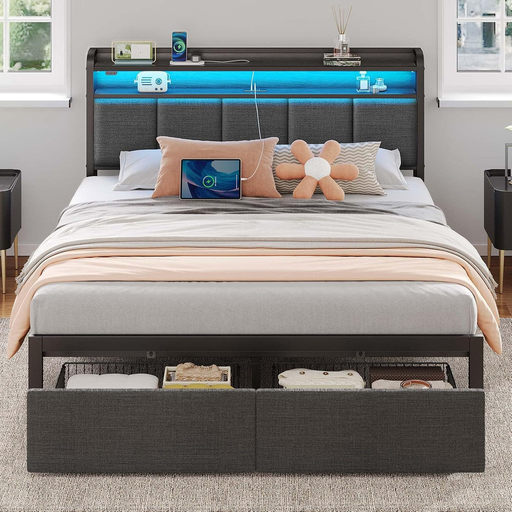 Rolanstar Bed Frame Queen Size with Charging Station and LED Lights, Upholstered Headboard with Storage Shelves, Heavy Duty Metal Slats, No Box Spring Need, Noise Free, Easy Assembly, Dark Grey