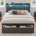 Rolanstar Bed Frame Queen Size with Charging Station and LED Lights, Upholstered Headboard with Storage Shelves, Heavy Duty Metal Slats, No Box Spring Need, Noise Free, Easy Assembly, Dark Grey