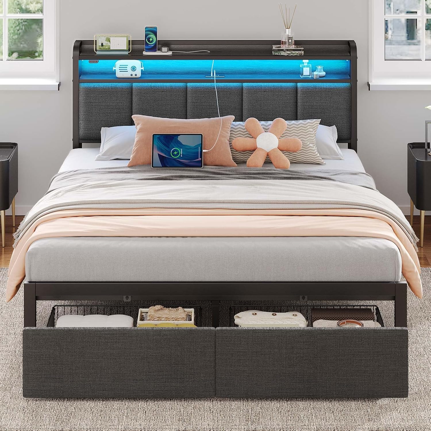 Rolanstar Bed Frame Queen Size with Charging Station and LED Lights, Upholstered Headboard with Storage Shelves, Heavy Duty Metal Slats, No Box Spring Need, Noise Free, Easy Assembly, Dark Grey