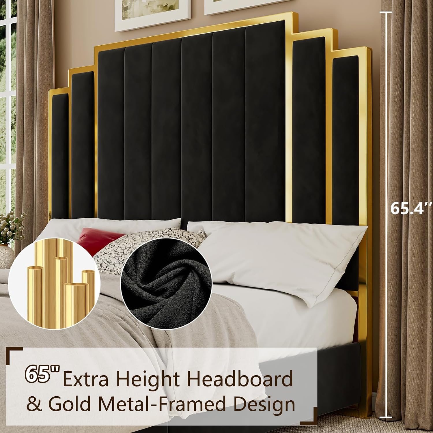 YUMPIE California King Size Platform Bed Frame with 65' Extra Tall Headboard, Velvet Upholstered Bed with Golden Plating Trim, Wooden Slats/No Box Spring Needed/Noisy Free/Black