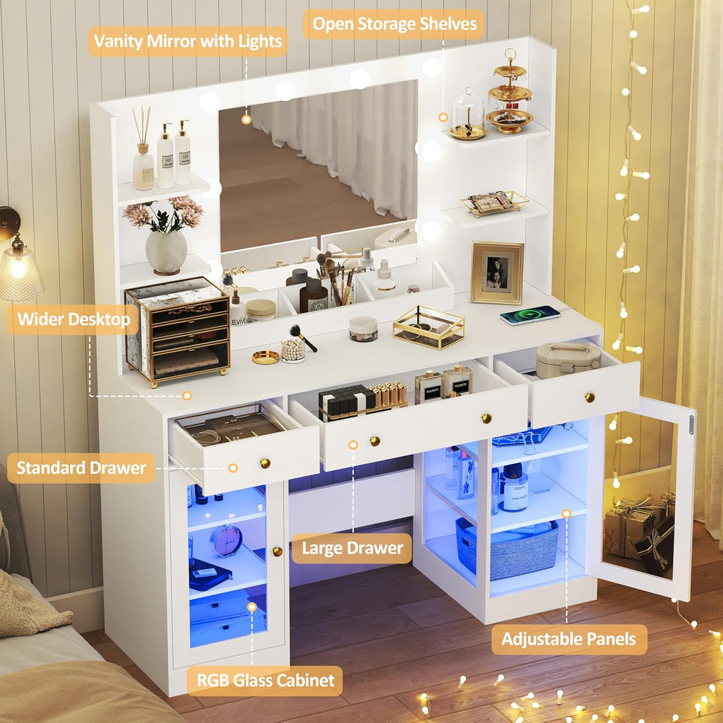 HUANLEGO Vanity Desk with Mirror and Lights, Large Makeup Vanity Set with Power Outlet & RGB Glass Cabinet, 3 Drawers, White Vanity Mirror with Lights Dressing Table for Girls Women, 3 Color Modes