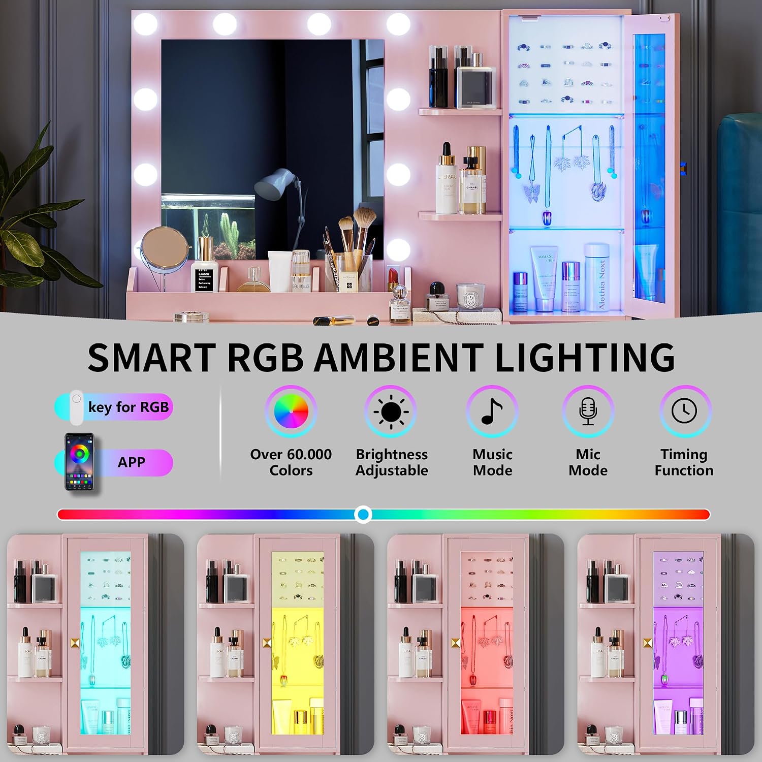 Xixini Vanity Desk with Mirror and Lights, Makeup Vanity Table Set with 5 Storage Drawers, Power Outlet, Small Dressing Table with RGB Ambient Light, Adjustable Brightness for Girls Bedroom, Pink